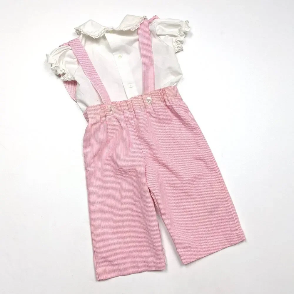 Vintage Tiny Tots Outfit Baby Girls Size 9m Pink Flutter Overalls Romper